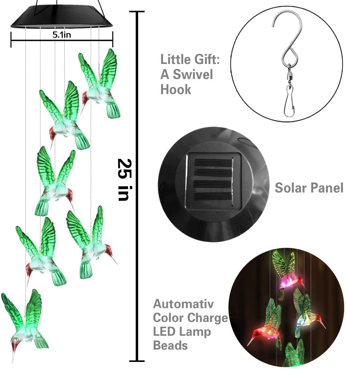 Outdoor solar wind chime light Hummingbird wind chime garden light