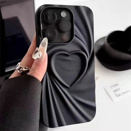 Fashion Fold Wrinkle 3D Love Heart Phone Case For iPhone 13 14 15 Pro