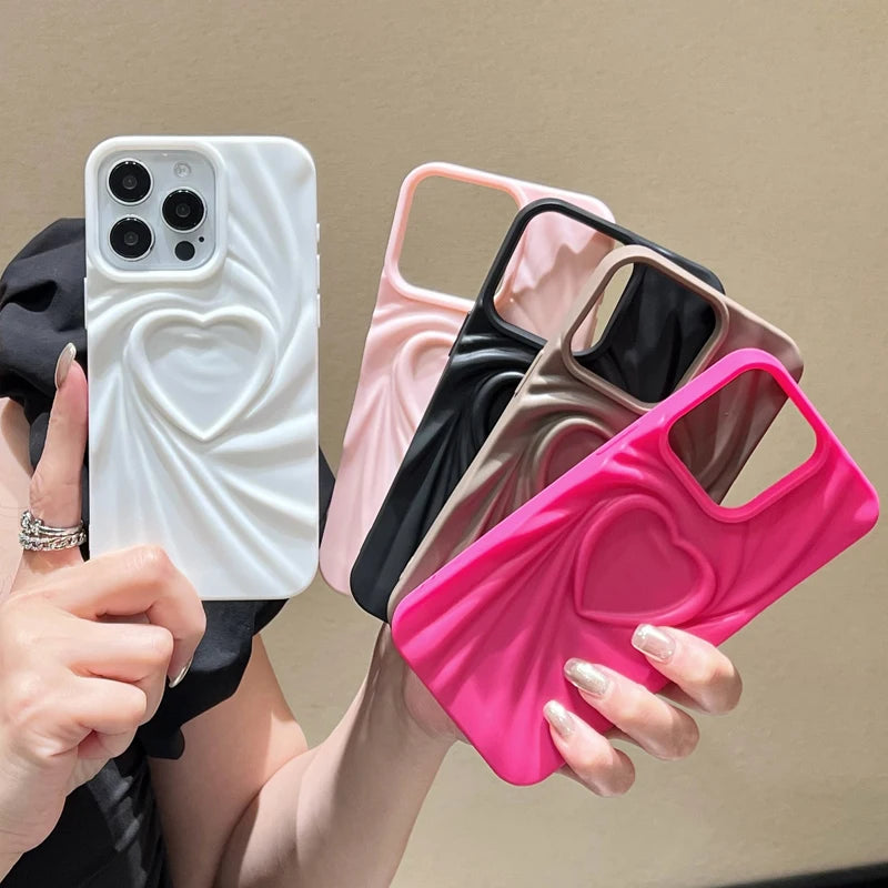 Fashion Fold Wrinkle 3D Love Heart Phone Case For iPhone 13 14 15 Pro