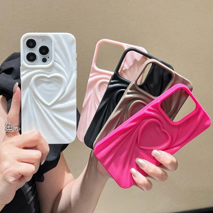 Fashion Fold Wrinkle 3D Love Heart Phone Case For iPhone 13 14 15 Pro