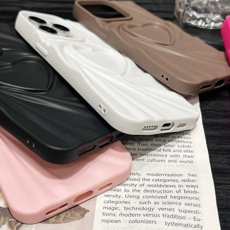 Fashion Fold Wrinkle 3D Love Heart Phone Case For iPhone 13 14 15 Pro